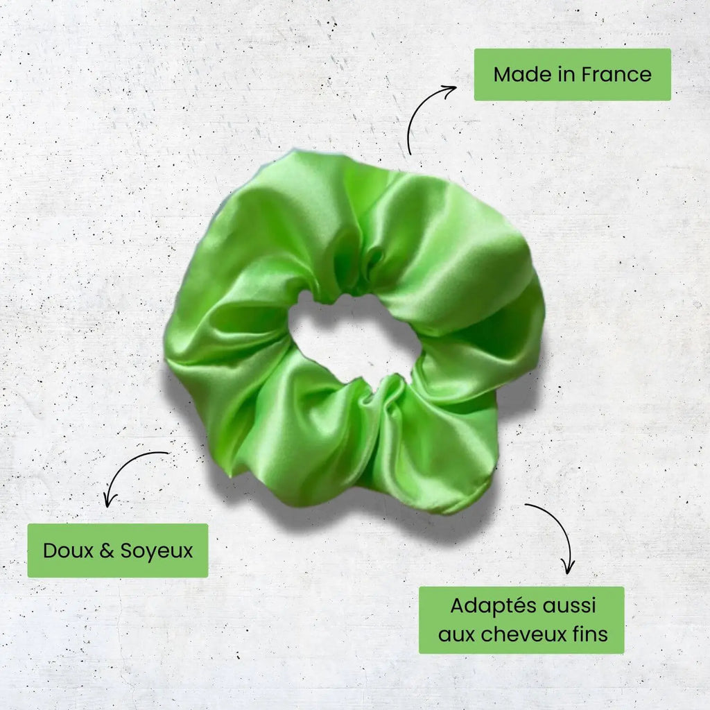 chouchou pour cheveux en satin vert fluo made in france violette et rose