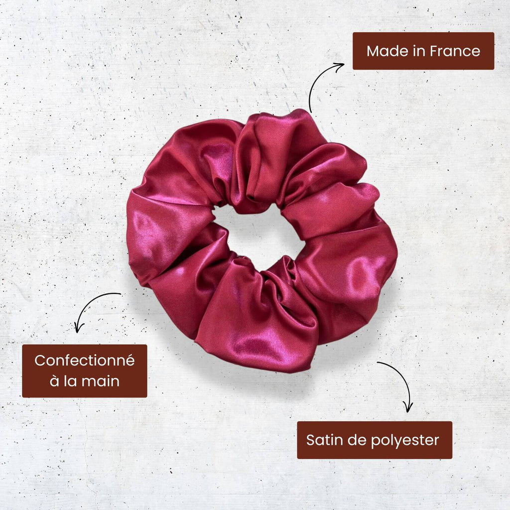 Avantages du chouchou en satin rouge framboise Made in France et fait main Violette et Rose