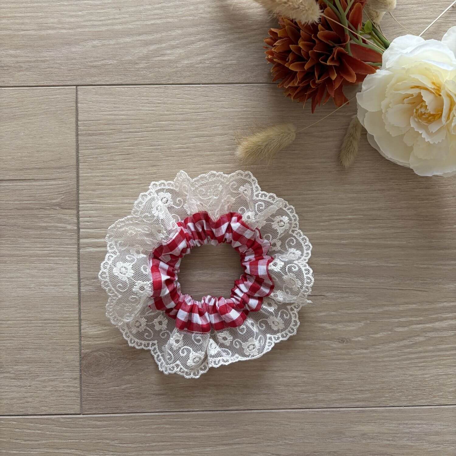 Chouchou Vichy Rouge Dentelle Violette & Rose