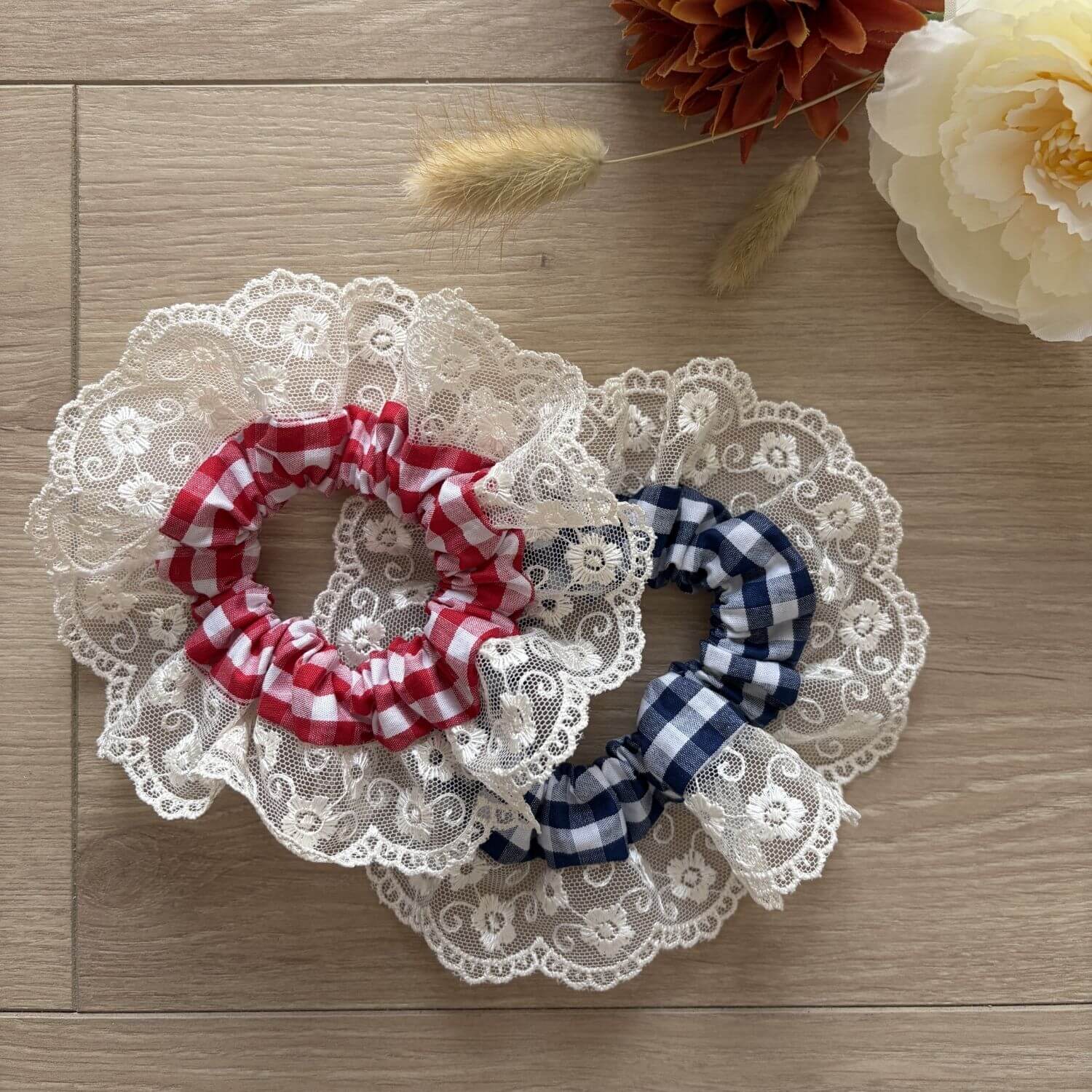 Chouchou Vichy Bleu Dentelle Violette & Rose