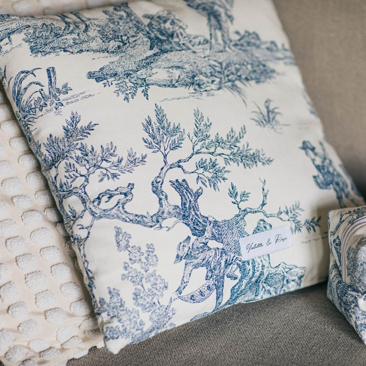 housse de coussin toile de jouy bleu made in france