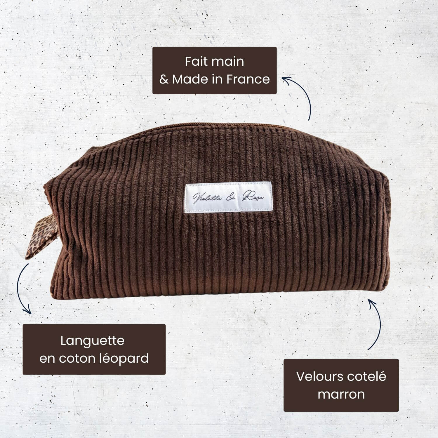 Trousse de toilette en velours côtelé marron Violette & Rose