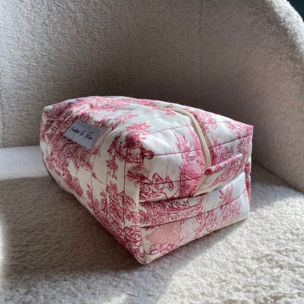 trousse de toilette toile de jouy rose fabrication française