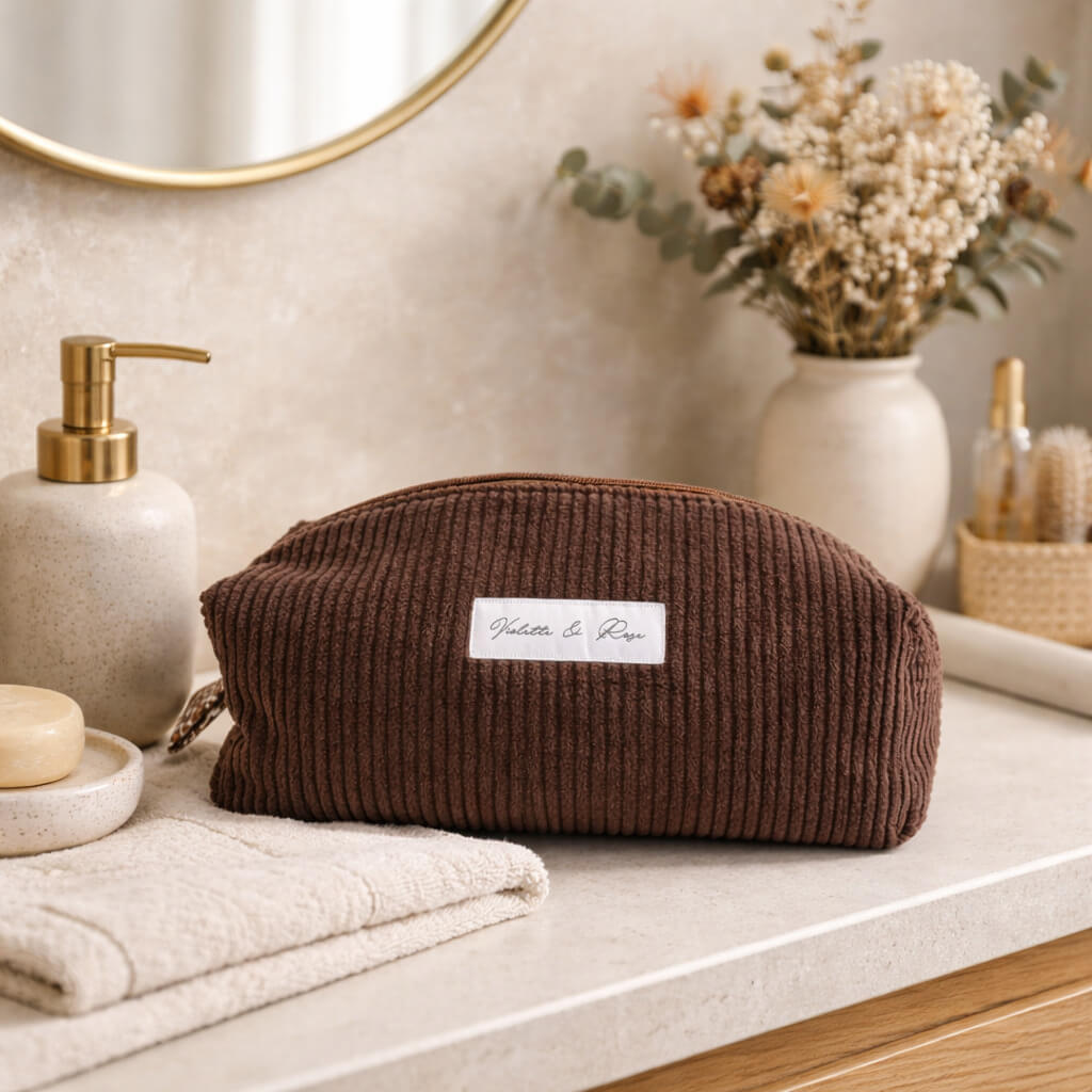 Trousse de toilette en velours côtelé marron Violette & Rose